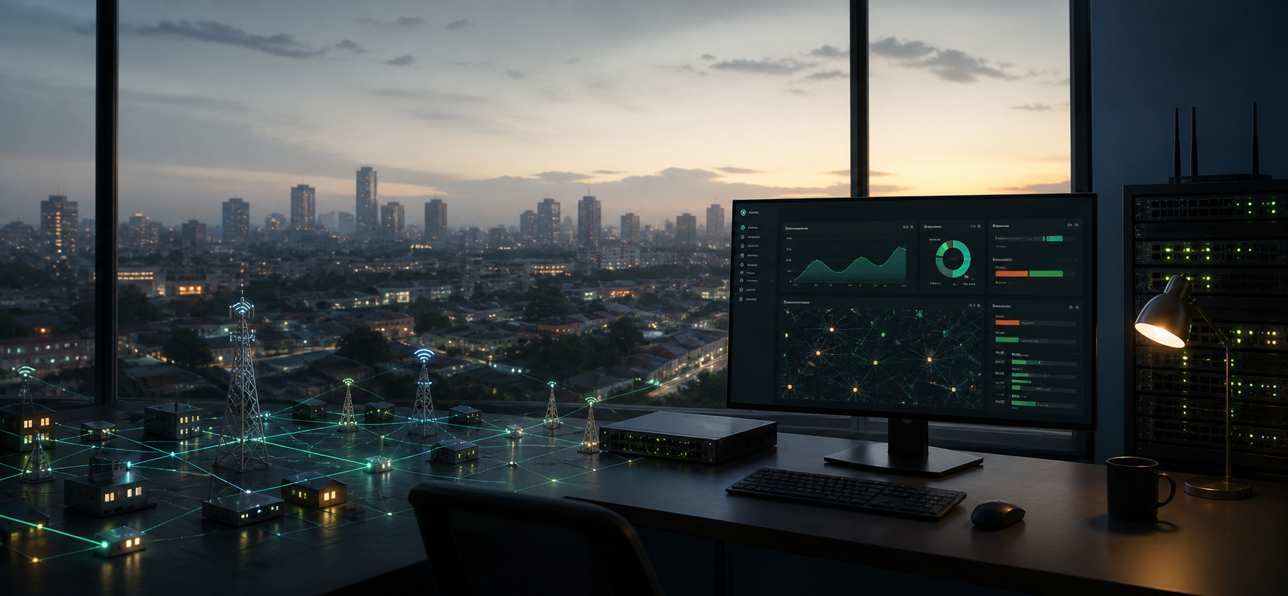 A network operations desk overlooking a connected city